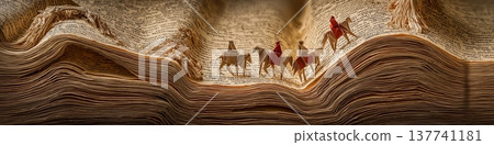 Paper canyon path with origami camel caravan. Origami camels trek through a winding canyon sculpted from stacked vintage book pages Paper canyon path with origami camel caravan. Origami camels trek through a winding canyon sculpted from stacked vintage book pages 137741181
