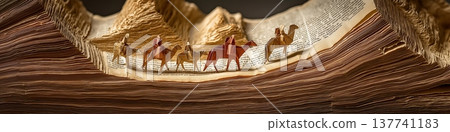 Paper canyon path with origami camel caravan. Origami camels trek through a winding canyon sculpted from stacked vintage book pages 137741183