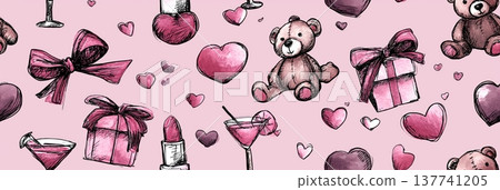 Romantic pink pattern sketching teddy bears, hearts, gifts. Cute seamless pattern featuring hand-drawn teddy bears, hearts, gifts, and cosmetic items on pink Romantic pink pattern sketching teddy bears, hearts, gifts. Cute seamless pattern featuring hand-drawn teddy bears, hearts, gifts, and cosmetic items on pink 137741205