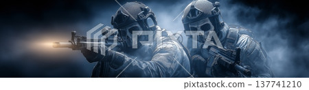 Two futuristic special forces soldiers emerging from smoke. Futuristic tactical soldiers wearing skull masks and armor holding rifles Two futuristic special forces soldiers emerging from smoke. Futuristic tactical soldiers wearing skull masks and armor holding rifles 137741210
