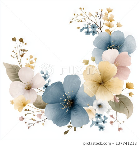 Watercolor floral garland forming decorative border element. Watercolor flower garland featuring gentle pink, blue, and yellow blossoms with green leaves on white 137741218