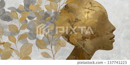 Woman head profile with gold floral abstract. Woman head silhouette blending with golden botanical elements and abstract textures Woman head profile with gold floral abstract. Woman head silhouette blending with golden botanical elements and abstract textures 137741223