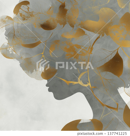 Woman head profile with gold floral abstract. Woman head silhouette blending with golden botanical elements and abstract textures Woman head profile with gold floral abstract. Woman head silhouette blending with golden botanical elements and abstract textures 137741225