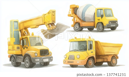 Yellow construction vehicles playing on a fun construction site. Watercolor illustration featuring various yellow construction vehicles for children's learning and play Yellow construction vehicles playing on a fun construction site. Watercolor illustration featuring various yellow construction vehicles for children's learning and play 137741231