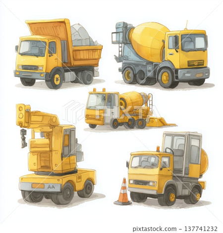 Yellow construction vehicles playing on a fun construction site. Watercolor illustration featuring various yellow construction vehicles for children's learning and play 137741232