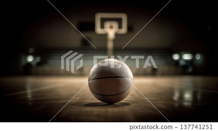 Basketball resting on wooden court, game concept. Basketball resting on a wooden court floor with blurred background, emphasizing sport and competition 137741251