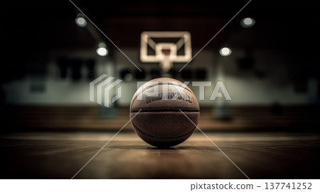Basketball resting on wooden court, game concept. Basketball resting on a wooden court floor with blurred background, emphasizing sport and competition 137741252