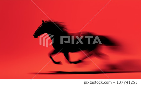 Black horse silhouette galloping with motion blur on red background. Black equine silhouette fast running with blur effect symbolizing speed and dynamism 137741253