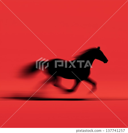 Black horse silhouette galloping with motion blur on red background. Black equine silhouette fast running with blur effect symbolizing speed and dynamism 137741257