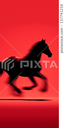 Black horse silhouette galloping with motion blur on red background. Black equine silhouette fast running with blur effect symbolizing speed and dynamism 137741258