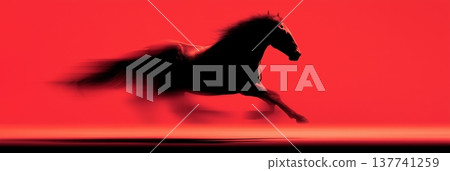 Black horse silhouette galloping with motion blur on red background. Black equine silhouette fast running with blur effect symbolizing speed and dynamism 137741259