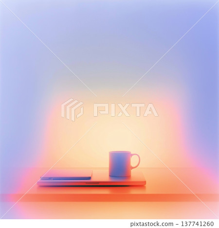Blurry desk with mug and laptop creating home office concept. Blurry mug and laptop on desk with bright gradients representing work from home 137741260