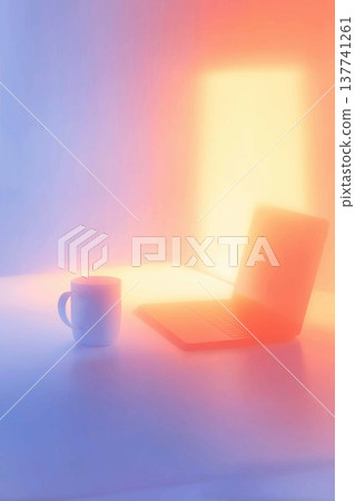 Blurry desk with mug and laptop creating home office concept. Blurry mug and laptop on desk with bright gradients representing work from home 137741261