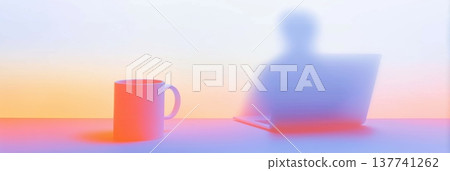 Blurry desk with mug and laptop creating home office concept. Blurry mug and laptop on desk with bright gradients representing work from home 137741262