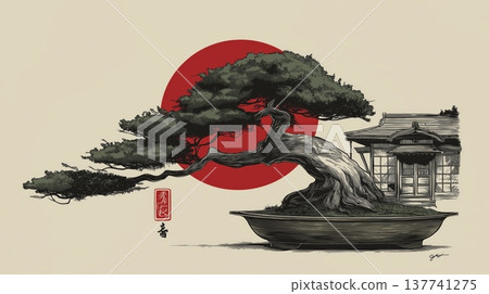 Bonsai tree reaching for a red sun Japanese illustration. Bonsai tree standing against a vibrant red circle on a neutral background Bonsai tree reaching for a red sun Japanese illustration. Bonsai tree standing against a vibrant red circle on a neutral background 137741275