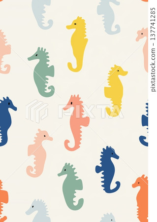 Colorful seahorses creating a playful ocean seamless pattern. Playful seahorses forming a cute children's pastel colored seamless pattern on a white background 137741285