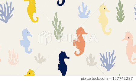 Colorful seahorses creating a playful ocean seamless pattern. Playful seahorses forming a cute children's pastel colored seamless pattern on a white background 137741287