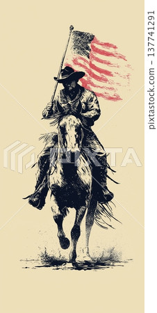 Cowboy riding horse holding Confederate Civil War flag. Cowboy riding a running horse, holding a Confederate flag in vintage screen print style Cowboy riding horse holding Confederate Civil War flag. Cowboy riding a running horse, holding a Confederate flag in vintage screen print style 137741291