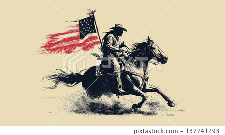 Cowboy riding horse holding Confederate Civil War flag. Cowboy riding a running horse, holding a Confederate flag in vintage screen print style Cowboy riding horse holding Confederate Civil War flag. Cowboy riding a running horse, holding a Confederate flag in vintage screen print style 137741293