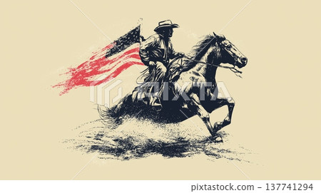 Cowboy riding horse holding Confederate Civil War flag. Cowboy riding a running horse, holding a Confederate flag in vintage screen print style Cowboy riding horse holding Confederate Civil War flag. Cowboy riding a running horse, holding a Confederate flag in vintage screen print style 137741294