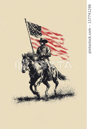 Cowboy riding horse holding Confederate Civil War flag. Cowboy riding a running horse, holding a Confederate flag in vintage screen print style Cowboy riding horse holding Confederate Civil War flag. Cowboy riding a running horse, holding a Confederate flag in vintage screen print style 137741296