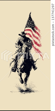 Cowboy riding horse holding Confederate Civil War flag. Cowboy riding a running horse, holding a Confederate flag in vintage screen print style Cowboy riding horse holding Confederate Civil War flag. Cowboy riding a running horse, holding a Confederate flag in vintage screen print style 137741297