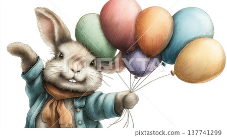Cute bunny holding colorful balloons celebrating Easter. Cute rabbit illustration holding many pastel balloons on a white isolated background Cute bunny holding colorful balloons celebrating Easter. Cute rabbit illustration holding many pastel balloons on a white isolated background 137741299