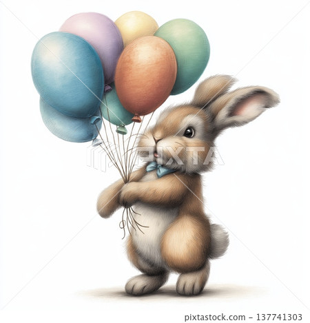 Cute bunny holding colorful balloons celebrating Easter. Cute rabbit illustration holding many pastel balloons on a white isolated background Cute bunny holding colorful balloons celebrating Easter. Cute rabbit illustration holding many pastel balloons on a white isolated background 137741303