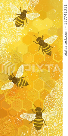 Flying bees creating seamless honey pattern background. Busy flying bees on a golden yellow background with honeycomb and abstract textures 137741311