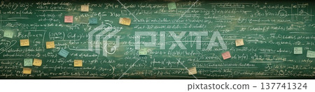 Green chalkboard filled with complex calculations and sticky notes. Chalkboard with intricate math formulas and scientific theories, showing an academic atmosphere Green chalkboard filled with complex calculations and sticky notes. Chalkboard with intricate math formulas and scientific theories, showing an academic atmosphere 137741324