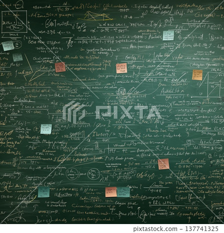 Green chalkboard filled with complex calculations and sticky notes. Chalkboard with intricate math formulas and scientific theories, showing an academic atmosphere Green chalkboard filled with complex calculations and sticky notes. Chalkboard with intricate math formulas and scientific theories, showing an academic atmosphere 137741325