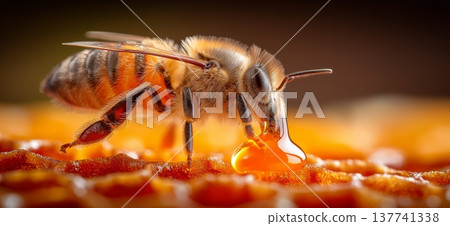 Honeybee collecting golden honey on natural wax honeycomb. Honeybee collecting sweet liquid from golden honeycomb, demonstrating natural honey production 137741338