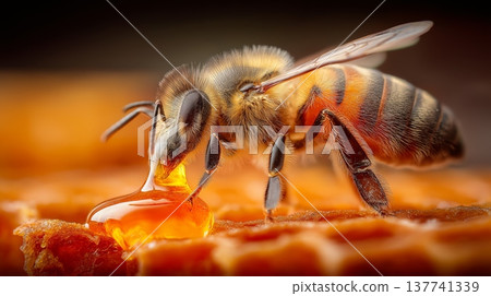 Honeybee collecting golden honey on natural wax honeycomb. Honeybee collecting sweet liquid from golden honeycomb, demonstrating natural honey production 137741339