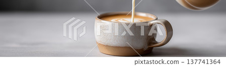Milk pouring from pitcher into ceramic mug. Creamy dairy milk pouring from a pitcher into a ceramic mug on a gray table Milk pouring from pitcher into ceramic mug. Creamy dairy milk pouring from a pitcher into a ceramic mug on a gray table 137741364
