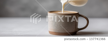 Milk pouring from pitcher into ceramic mug. Creamy dairy milk pouring from a pitcher into a ceramic mug on a gray table Milk pouring from pitcher into ceramic mug. Creamy dairy milk pouring from a pitcher into a ceramic mug on a gray table 137741366