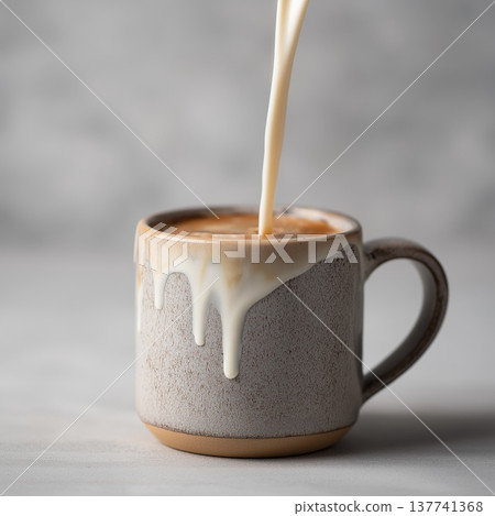 Milk pouring from pitcher into ceramic mug. Creamy dairy milk pouring from a pitcher into a ceramic mug on a gray table Milk pouring from pitcher into ceramic mug. Creamy dairy milk pouring from a pitcher into a ceramic mug on a gray table 137741368