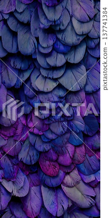 Purple and blue feathers creating abstract texture background. Overlapping purple and blue feathers creating a soft, natural, and rich textural pattern 137741384