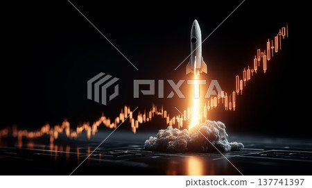 Rocket launching from rapidly rising financial chart. Rocket launching from an upward-trending candlestick chart symbolizing rapid financial growth 137741397
