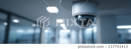 Security camera monitoring empty corporate office hallway. Security camera recording activities in a modern, long corporate office corridor Security camera monitoring empty corporate office hallway. Security camera recording activities in a modern, long corporate office corridor 137741413