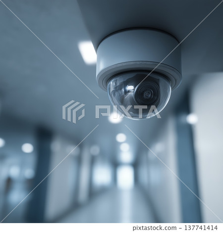 Security camera monitoring empty corporate office hallway. Security camera recording activities in a modern, long corporate office corridor Security camera monitoring empty corporate office hallway. Security camera recording activities in a modern, long corporate office corridor 137741414