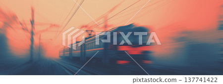 Train moving fast on railway tracks at sunset. Train moving quickly on railway tracks, creating a strong motion blur effect at sunset Train moving fast on railway tracks at sunset. Train moving quickly on railway tracks, creating a strong motion blur effect at sunset 137741422