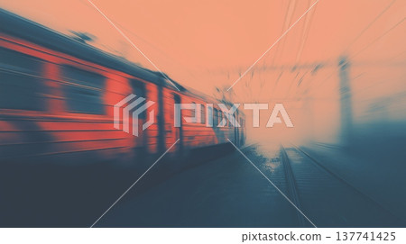Train moving fast on railway tracks at sunset. Train moving quickly on railway tracks, creating a strong motion blur effect at sunset Train moving fast on railway tracks at sunset. Train moving quickly on railway tracks, creating a strong motion blur effect at sunset 137741425