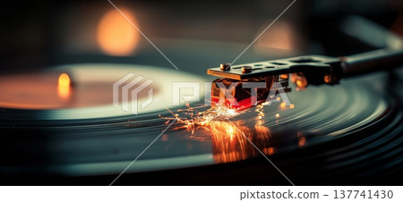 Turntable needle creating sparks on spinning vinyl record. Turntable needle creating sparks while playing a spinning vinyl record, capturing music and energy 137741430