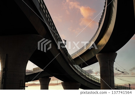 The sharp curve of the highway, supported by massive bridge piers, and the silhouette of the setting sun. 137741564