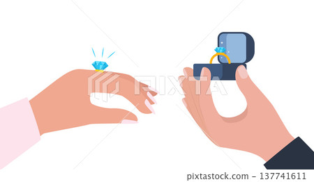 Hand hold golden wedding ring with blue gemstone in luxury box. Women's hand with a beautiful ring, big shining diamond. Engagement, marriage proposal, wedding. Vector illustration. 137741611