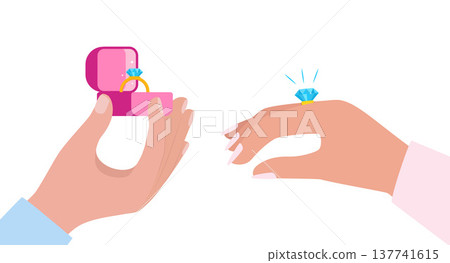 Hand hold golden wedding ring with blue gemstone in luxury box. Women's hand with a beautiful ring, big shining diamond. Engagement, marriage proposal, wedding. Vector illustration. 137741615
