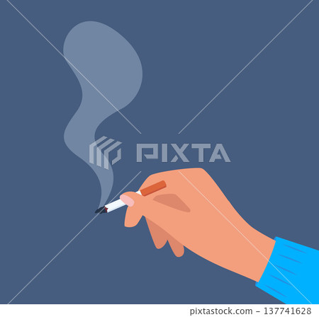 Smoker holds burning cigarette with his fingers. Person with bad habit, tobacco and nicotine addiction smokes cig. Smoldering cigar in human hand. Vector illustration. 137741628