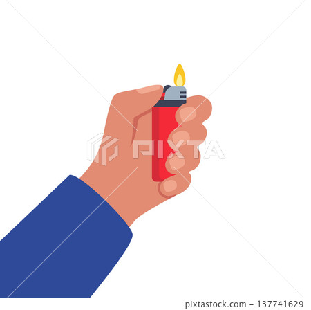 Hand hold lighter. Smoker arm holding lighters for burn fire cigarette or matchstick, pyromaniac man finger light smoke flame using tobacco drug. Vector illustration 137741629