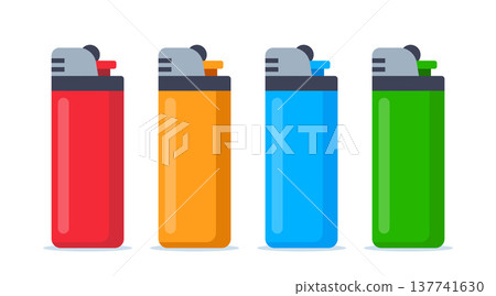 Cigarette lighters set. Smoke flammable disposable equipment tool. Gasoline icon in various colors. Cigar symbol. Cigarette portable sign. Vector illustration. 137741630