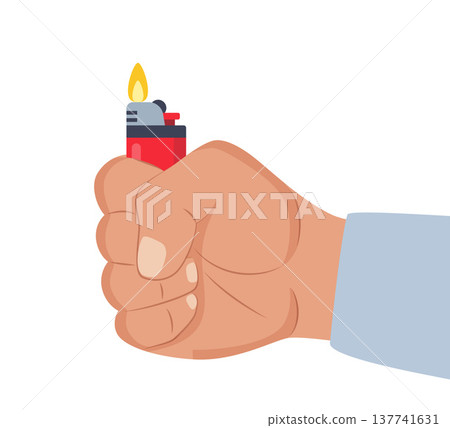 Hand hold lighter. Smoker arm holding lighters for burn fire cigarette or matchstick, pyromaniac man finger light smoke flame using tobacco drug. Vector illustration Hand hold lighter. Smoker arm holding lighters for burn fire cigarette or matchstick, pyromaniac man finger light smoke flame using tobacco drug. Vector illustration 137741631
